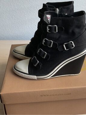 Black Suede Wedge Sneaker Boots - Stylish Buckle Design